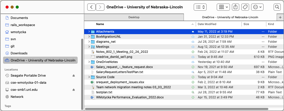 Mac OS finder with onedrive application installed and configured