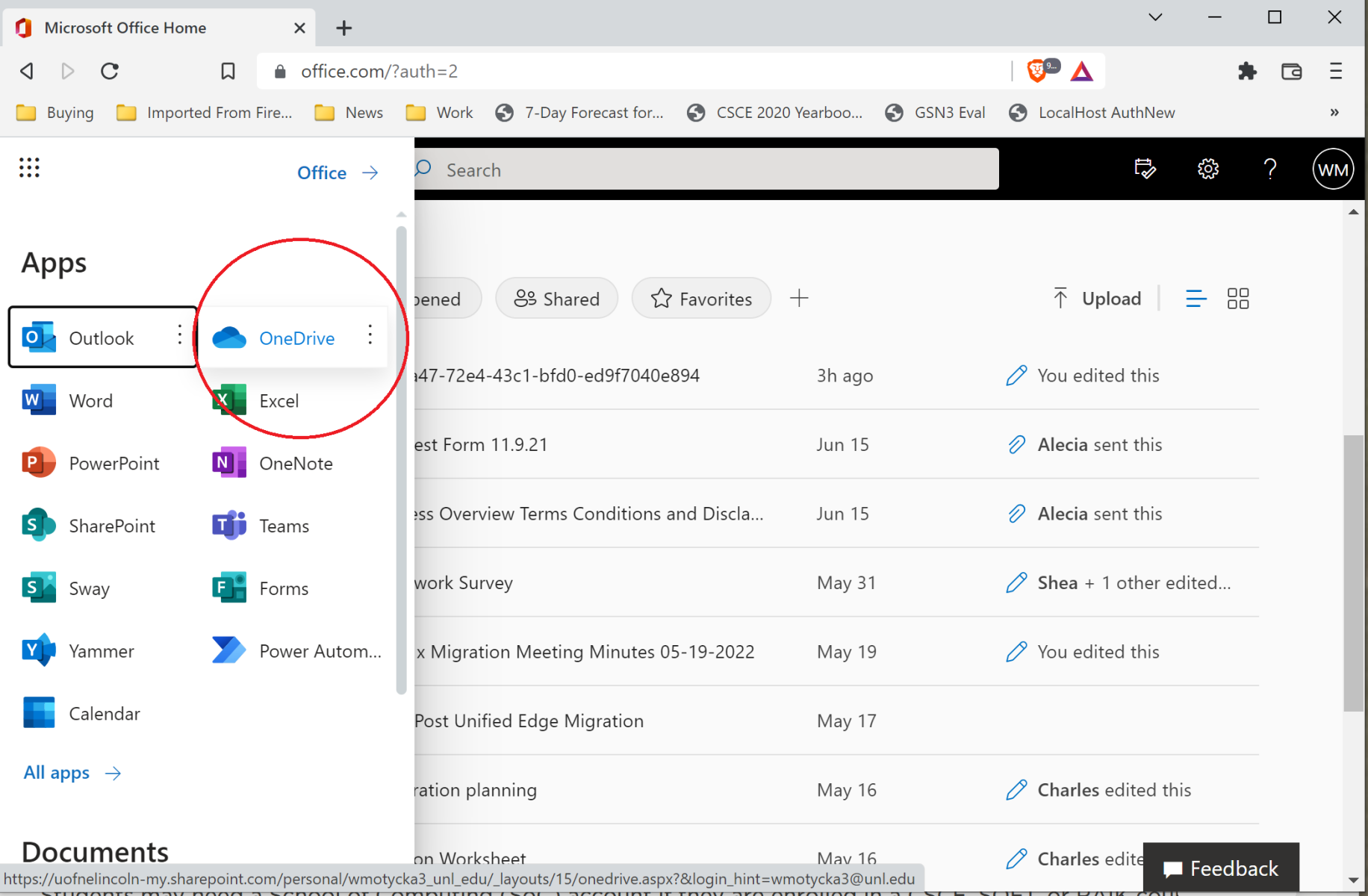 office365 highlighted location of onedrive application in menu