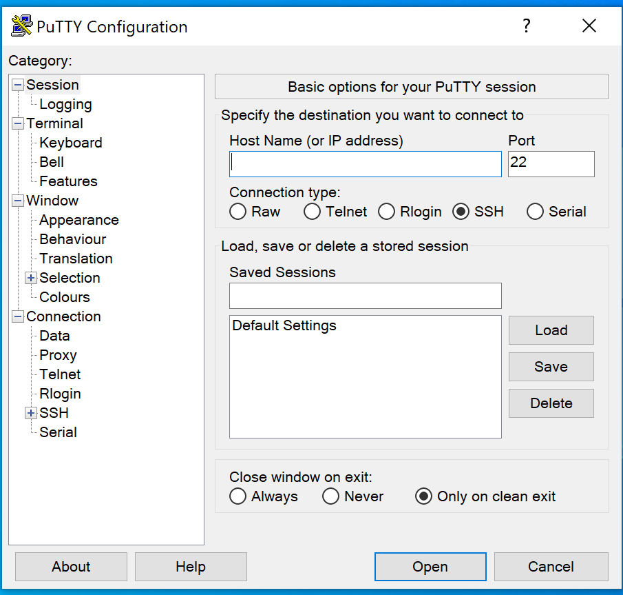 putty secure shell connect example ip or host name specify.