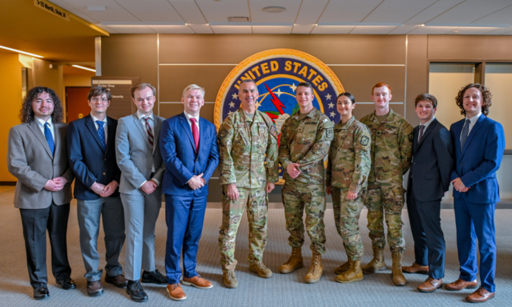  2023 NSRI strategic deterrence interns pictured with Brig. Gen. William Murphy at USSTRATCOM headquarters, Offutt Air Force Base, Nebraska. August 2023. From left: Robert Garcia, Calin Kachek, Mason Whitehill, Max Sievenpiper, Brig. Gen. Murphy, Keegan Leary, Grace Sandretti, Mason Marlowe, Ethan Czapla and Jared Dingman.