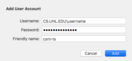 remote desktop window selecting terminal server and account info