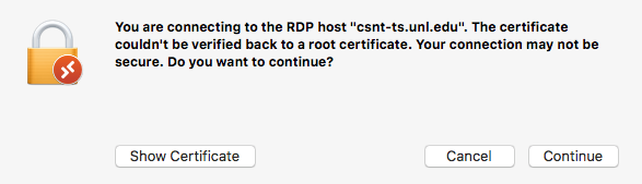 certificate warning acceptance message on connection to terminal server