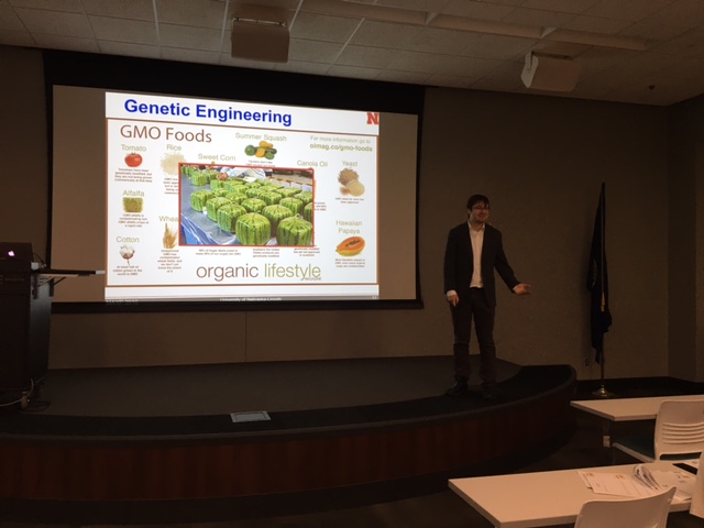 Max Pierobon speaking to Hastings students about synthetic biology.