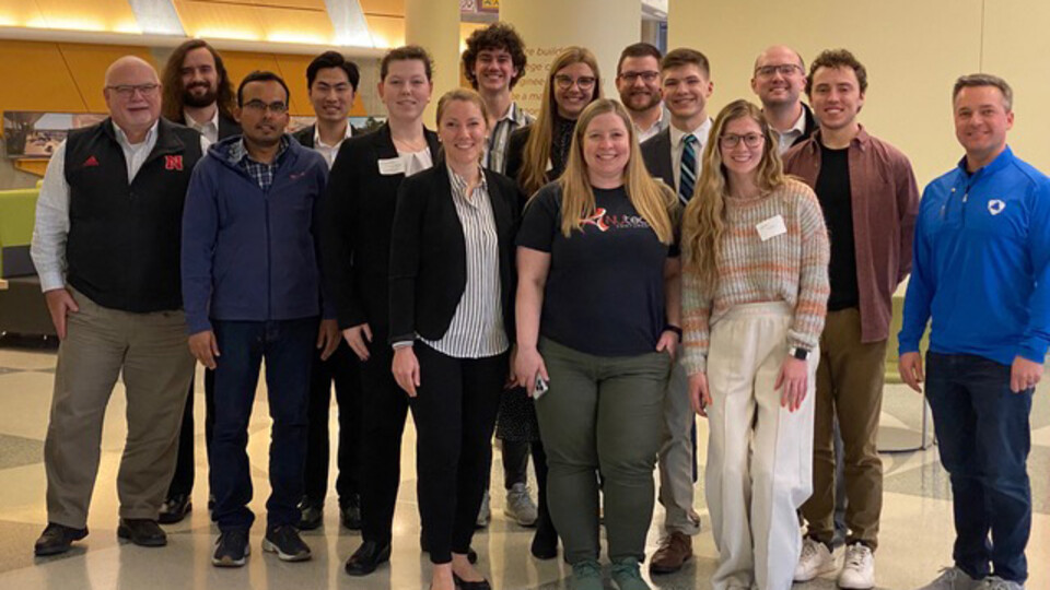 Judges and participants pose for a group photo during the NUtech Ventures and College of Engineering pitch competition.