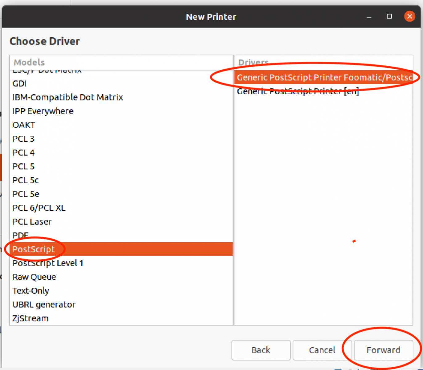 selecting postscript foomatic menu item