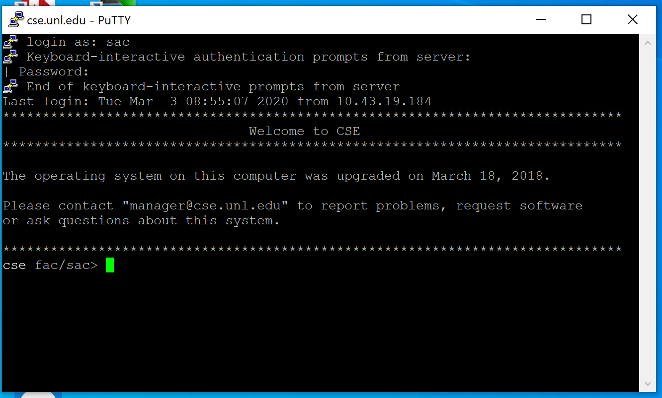 putty secure shell connection to the School of Computing CSE (cse.unl.edu) server completed view.