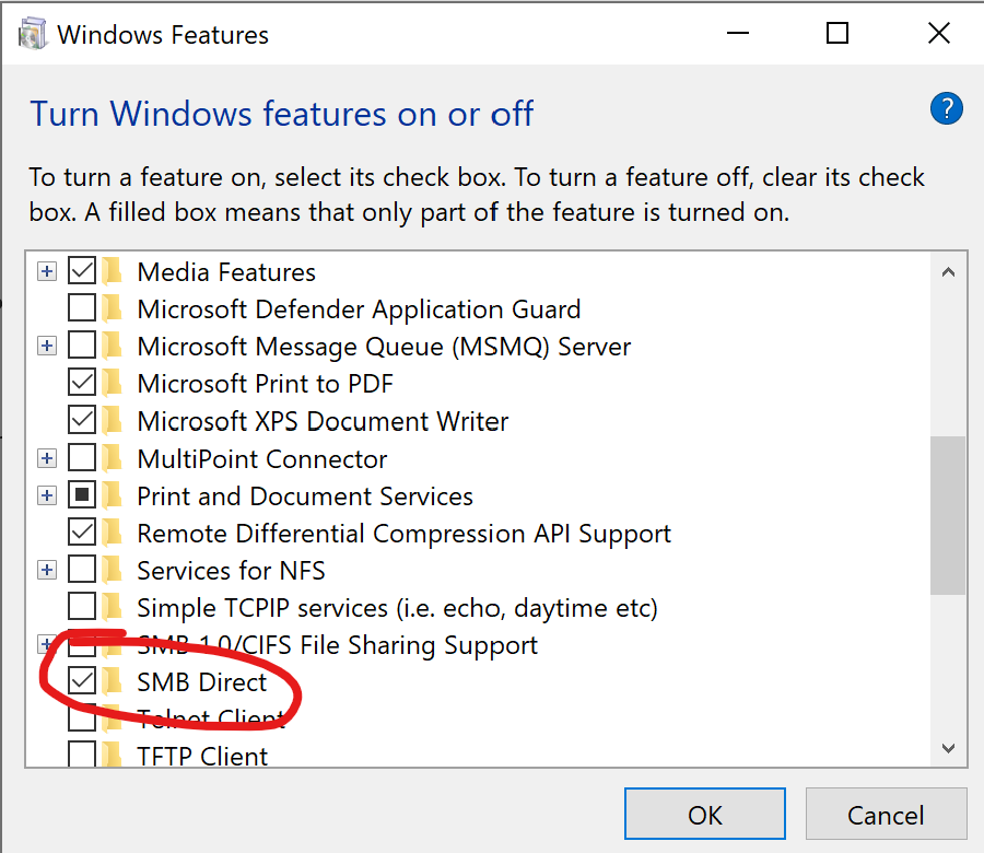 SMB Direct setting within the optional features menu