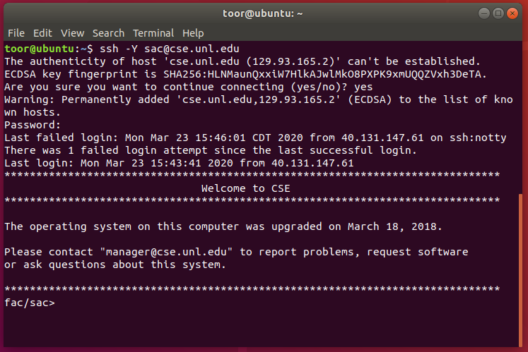 ubuntu terminal window showing successful secure shell connection to remote host