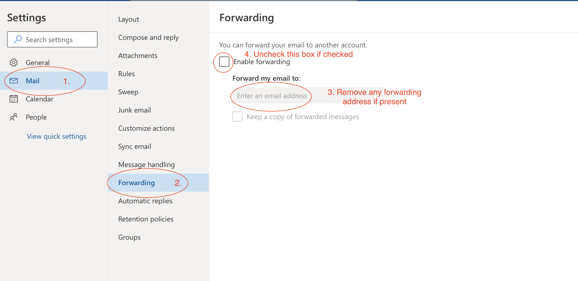 disabling email forwarding control location on settings panel
