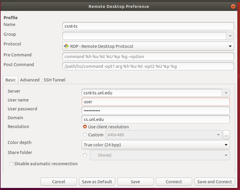 Remote desktop settings window of Remmina application