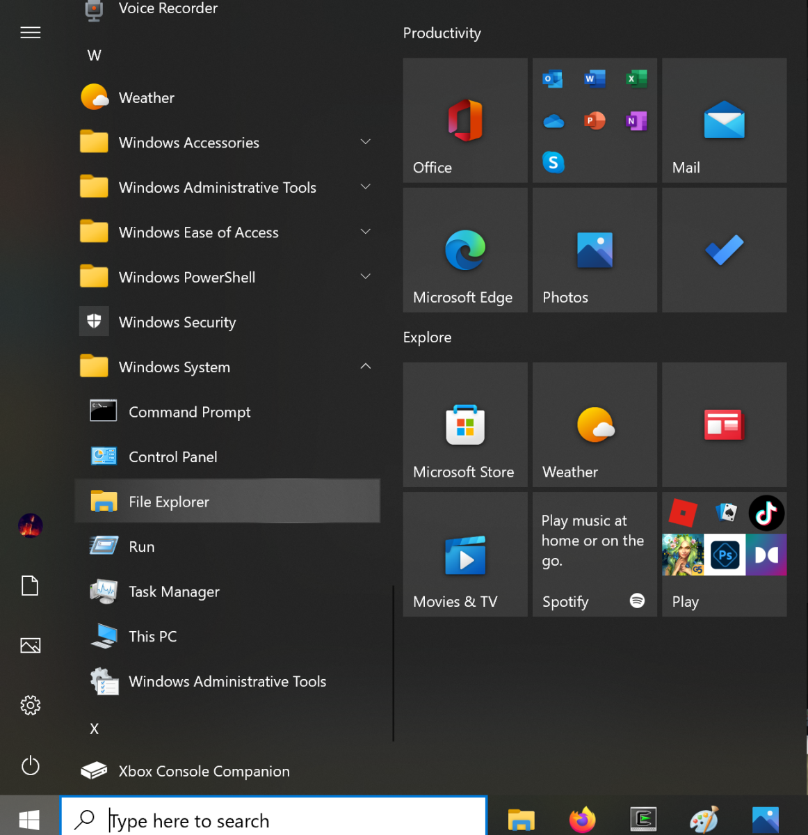 Windows System all applications menu select of Windows file explorer