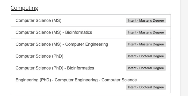 example search results of computer science graduate degree choices