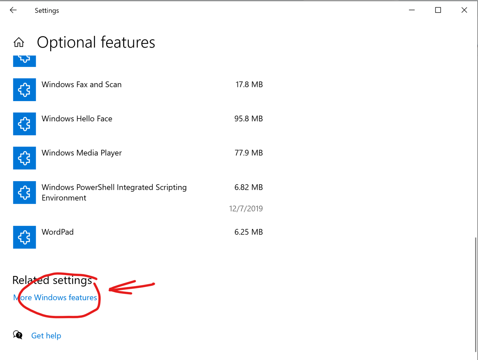 selecting the more windows features option from the Windows Apps optional features menu