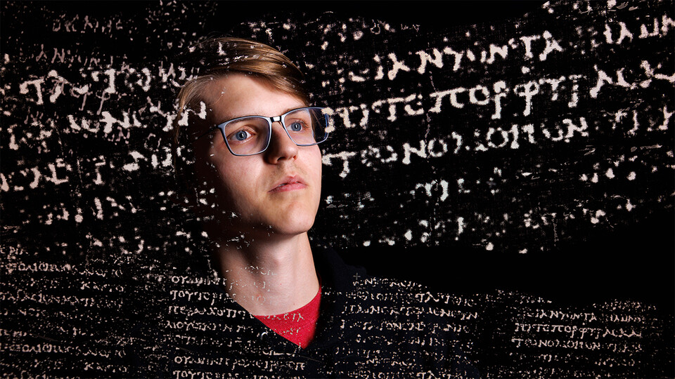 Luke Farritor, a senior at Nebraska, with superimposed Greek text from a nearly 2,000-year-old scroll that his work is helping to decipher.