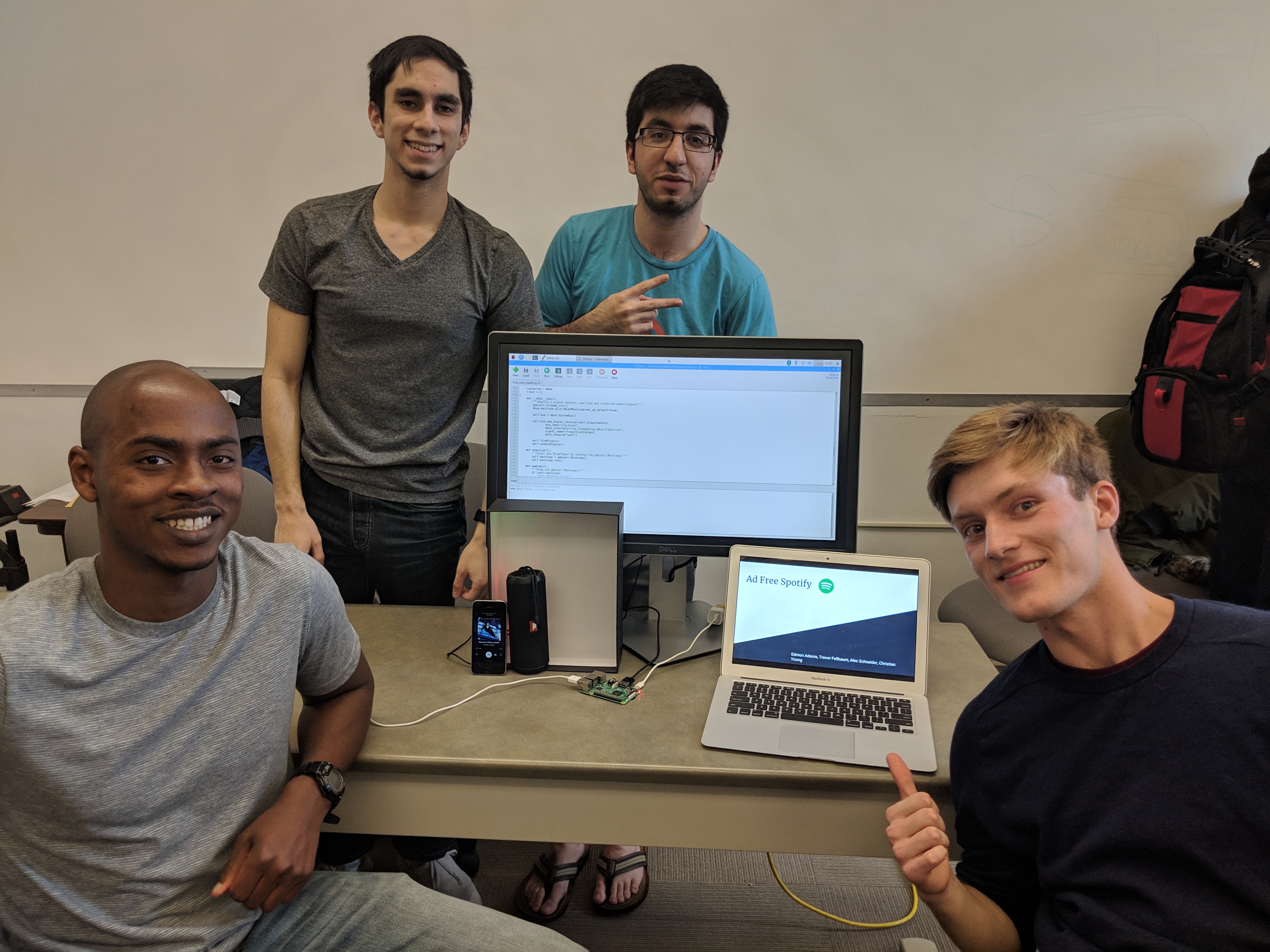 The first place winning CornHacks team, Ad-Free Spotify. Members from left to right: Christian Young, Trevor Fellbaum, Edmon Adams, and Alec Schneider.