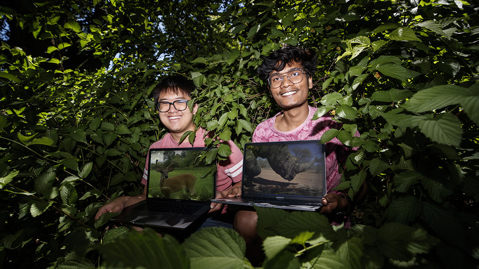 Brian Chong, left, and Rahul Prajapati, right, are using deep learning technology to automatically identify, count and track the behavior of animals in trail camera images.