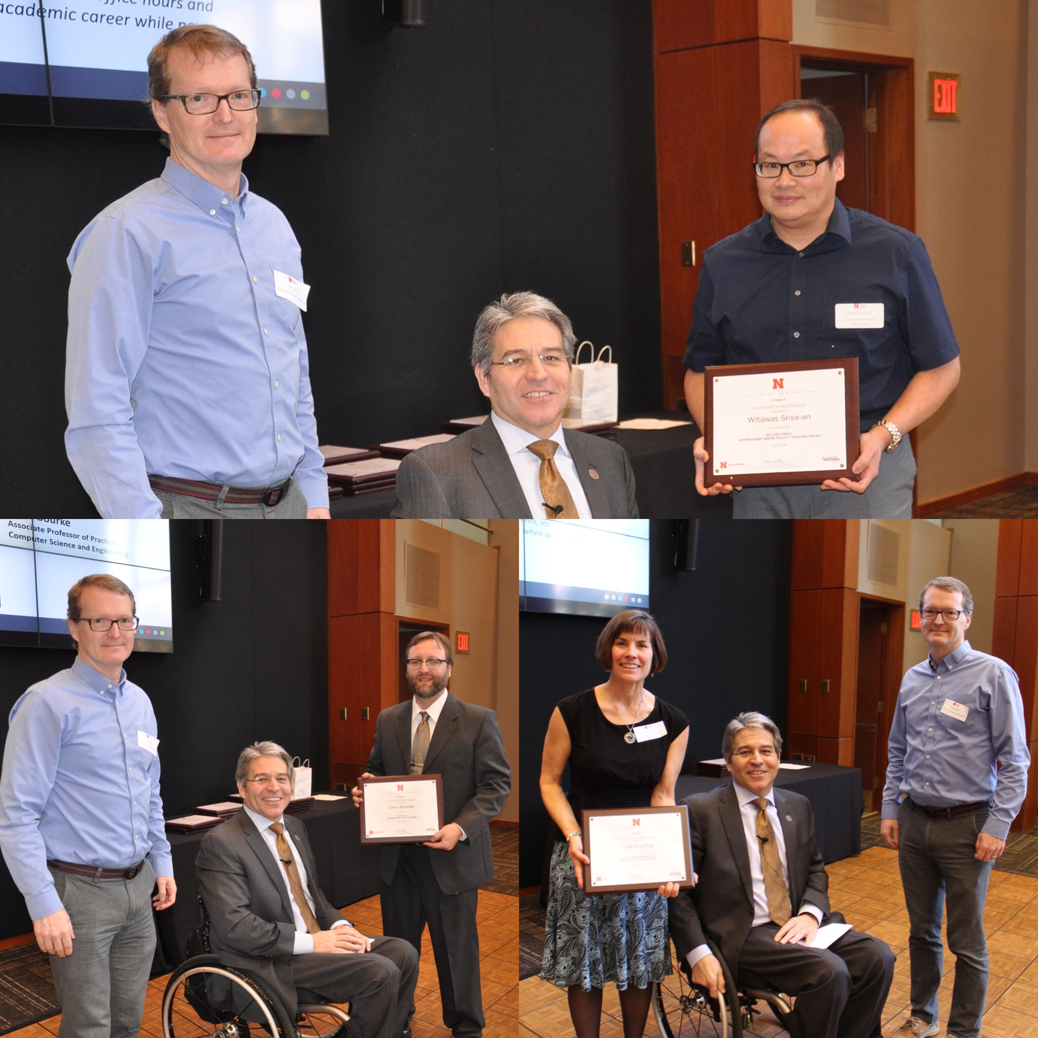 Award winners Witawas Srisa-An, Chris Bourke, and LaRita Lang pose with department chair Matthew Dwyer and interim dean Lance Perez at the College of Engineering Employee Luncheon and Awards Recognition Ceremony last week.