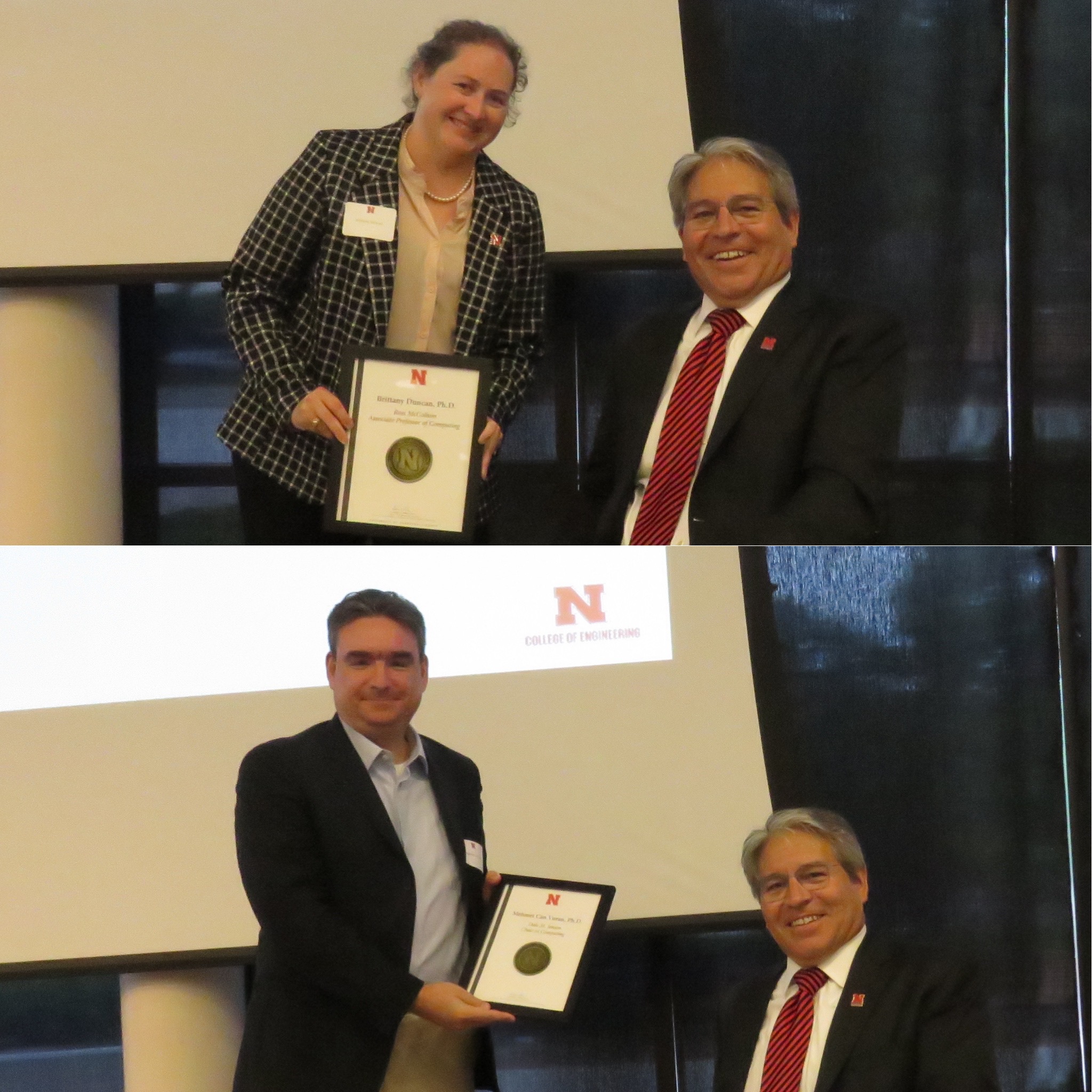 Brittany Duncan and Mehmet Can Vuran pose with College of Engineering Dean Lance Perez at the annual professorships ceremony.