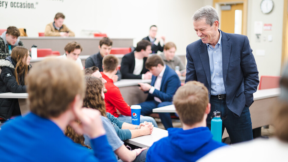 Nebraska Gov. Jim Pillen, who previously visited a management class in Hawks Hall, announced an entrepreneurship pitch competition for college students in the state to help spur innovation in Nebraska. Photo courtesy of Nebraska Today.