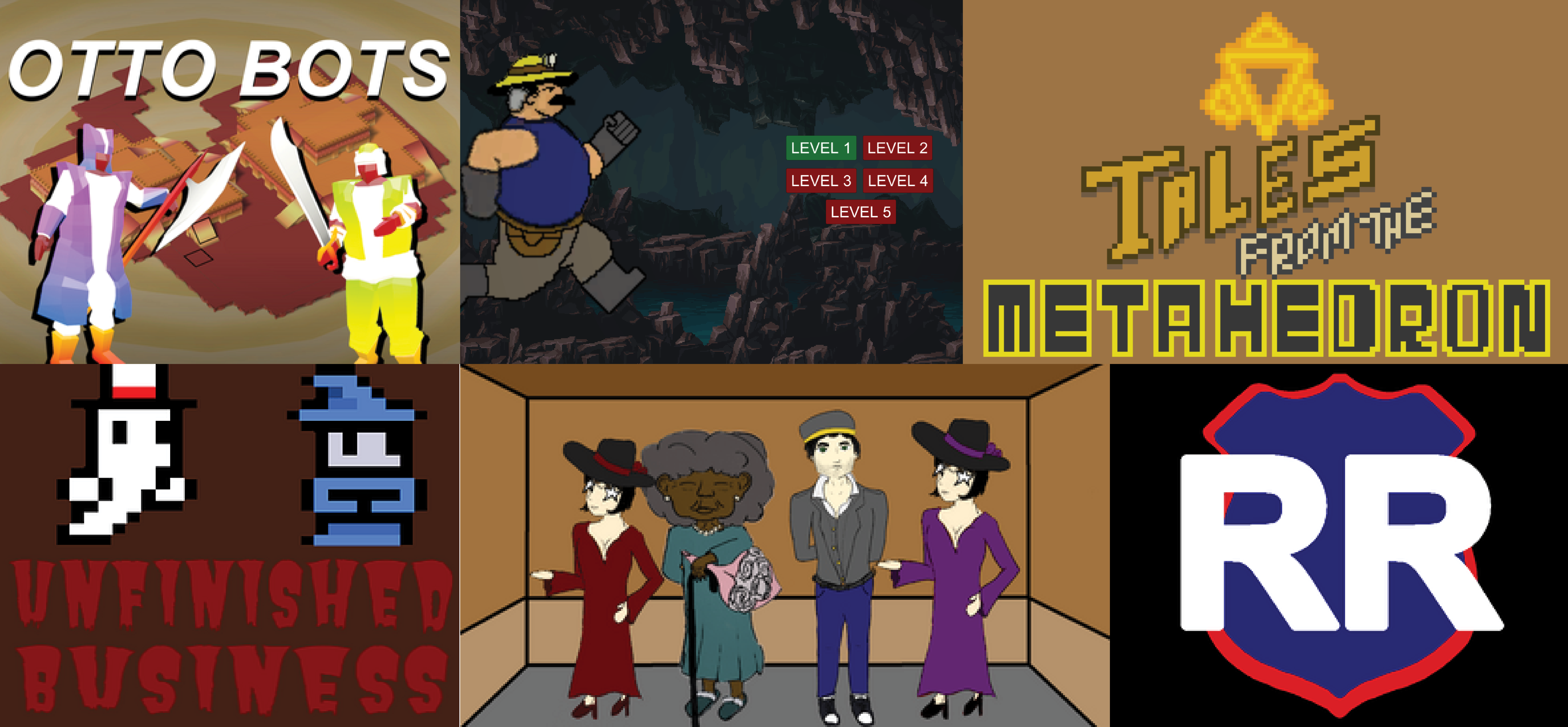 Top row left to right: Otto Bots, Things Go Bump in the Night, Tales from the Metahedron. Bottom row left to right: Unfinished Business, Riot Relief, Levels of Mystery.