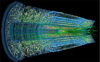 A data visualization from a simulation of collision between two protons that will occur at the High-Luminosity Large Hadron Collider (HL-LHC). Credit: ATLAS Experiment © 2018 CERN