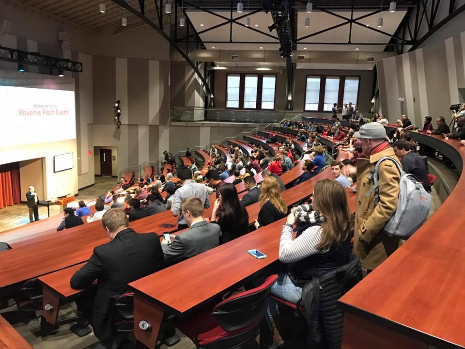 Students in the Nebraska Innovation Campus auditorium for the first Reverse Pitch event in January.