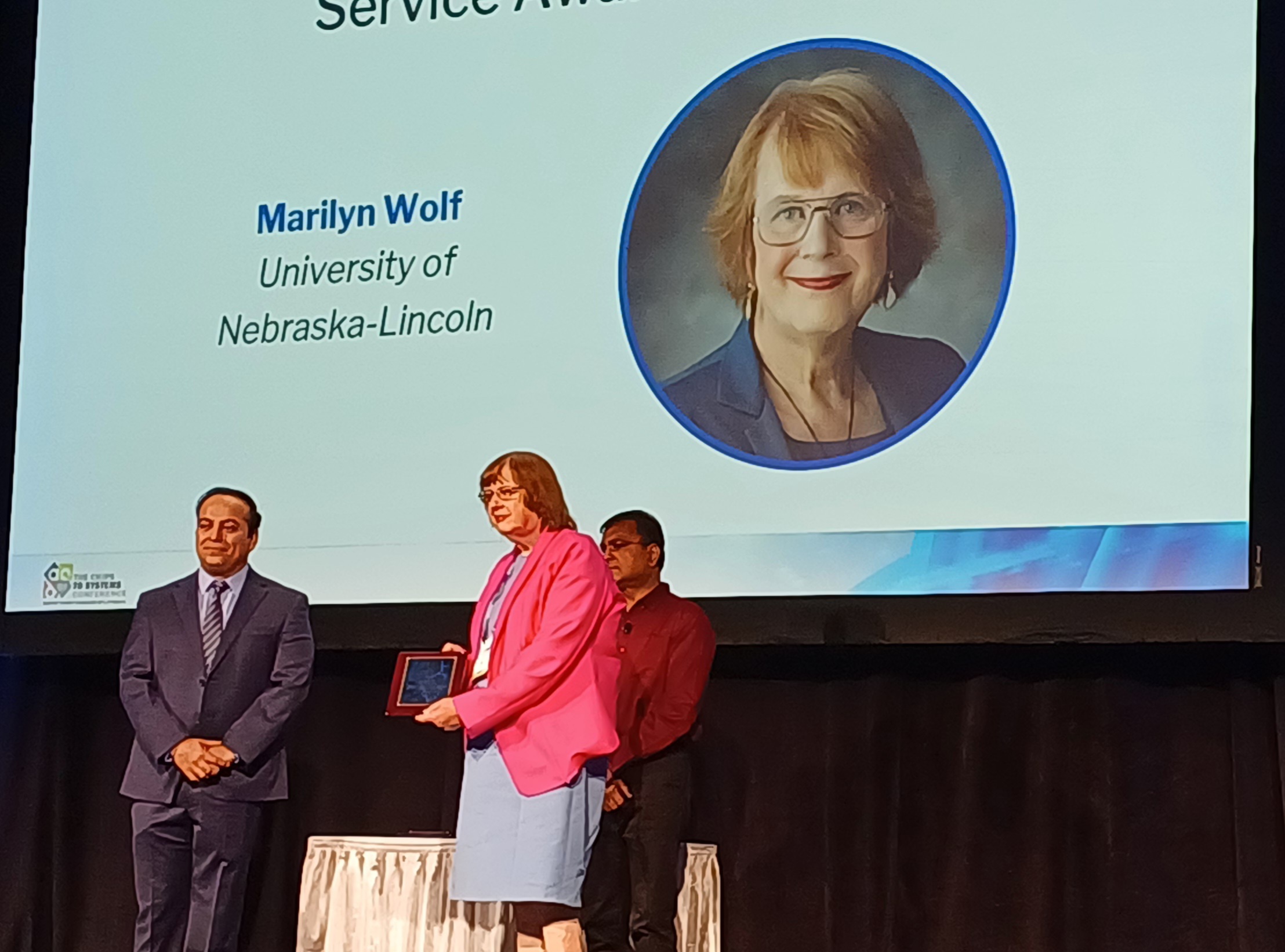 Marilyn Wolf accepts the 2024 ACM SIGDA Distinguished Service Award at the 2024 DAC Conference on Wednesday, June 26.