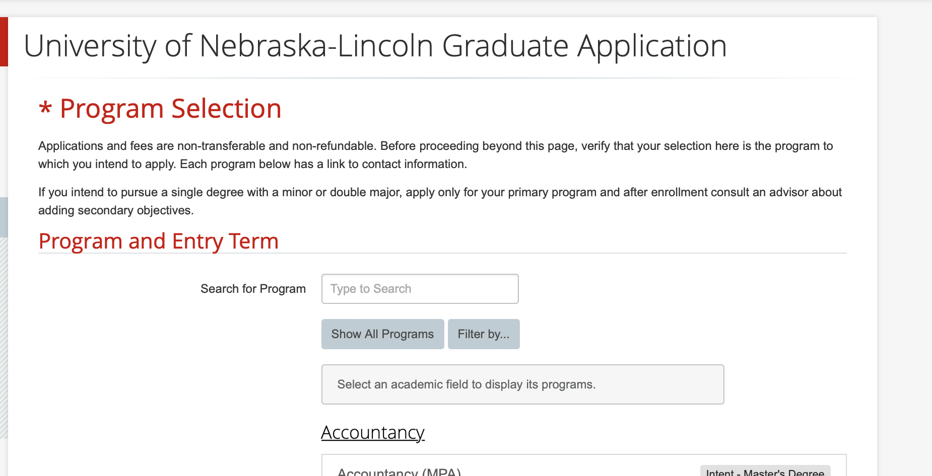 example program selection on graduate studies application page