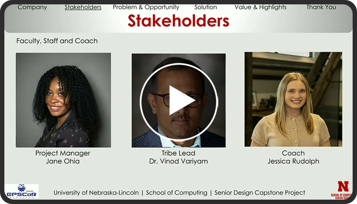 Stakeholders slide with three faculty, staff, and coach portraits labeled with names and titles.