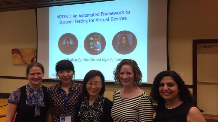 Five of the eight graduates from the ESQuaReD Lab. From left to right: Elena Sherman, Tingting Yu, Hyunsook Do, Kathryn Stolee, and Sandeep Kuttal.