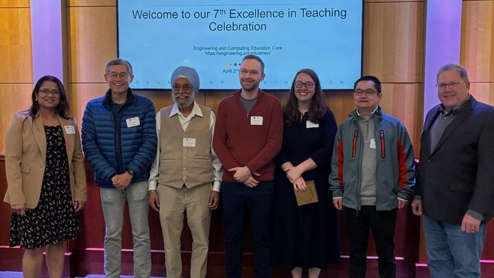 School of Computing faculty at the Excellence in Teaching Celebration (from left to right): Bonita Sharif, Leen-Kiat Soh, Jitender Deogun, Seth Polsley, Alisha Bevins, Qiuming Yao, and Chris Bohn.
