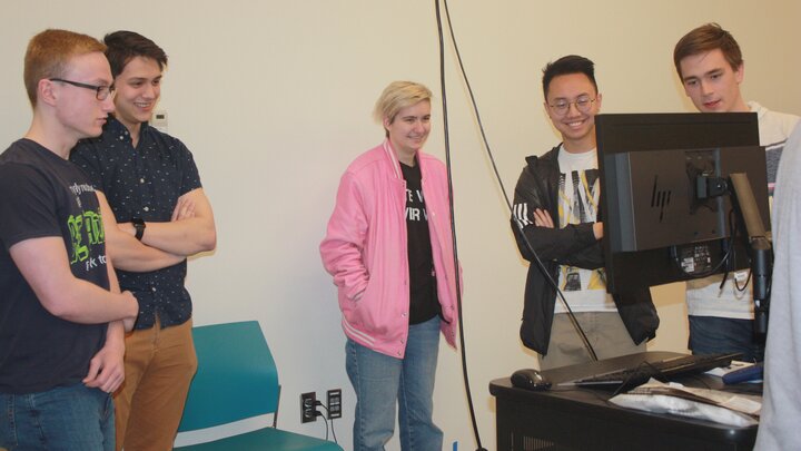 Platinum Award winners baldorf view the VR portion of their project.