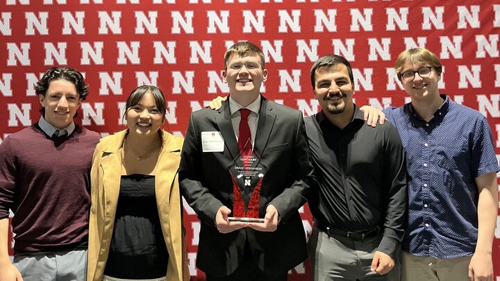 Drake Hermanson with his Student Luminary Award at the awards reception on April 17 with Rowan Havranek, Sam Hoover, Ahmed Mahdi, and Cole Walters. Photo courtesy of Drake Hermanson.