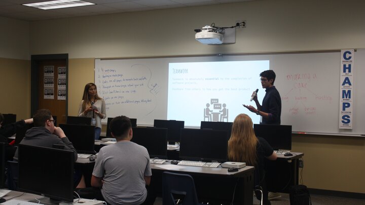 Jasmine Boyer and Jake Petersen presenting at Schoo Middle School last week.