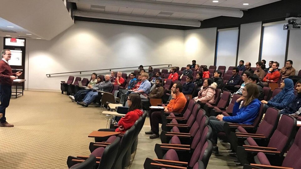 Matt Dwyer speaking to students