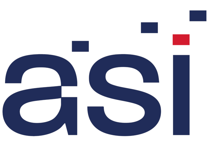 asi logo with blue lowercase letters and three squares, one red and two blue, above the "i".