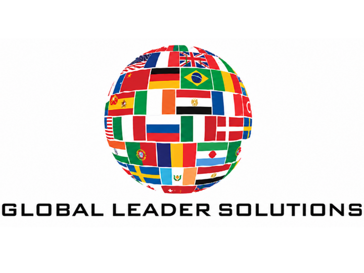 Globe composed of colorful international flags above "Global Leader Solutions" text.
