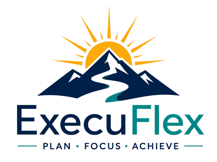 Mission Accomplished logo with a rising sun, "ExecuFlex" text below, and tagline "Plan • Focus • Achieve."