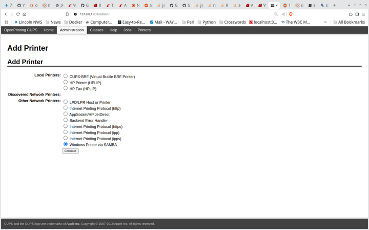 cups administration web interface main menu