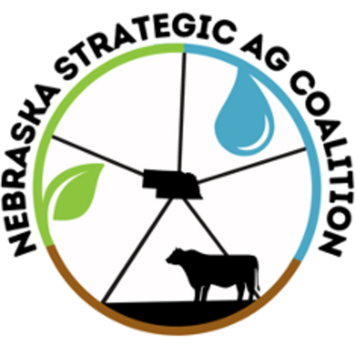 Nebraska Strategic Ag Coalition logo with icons of a leaf, water droplet, cow, and state outline.