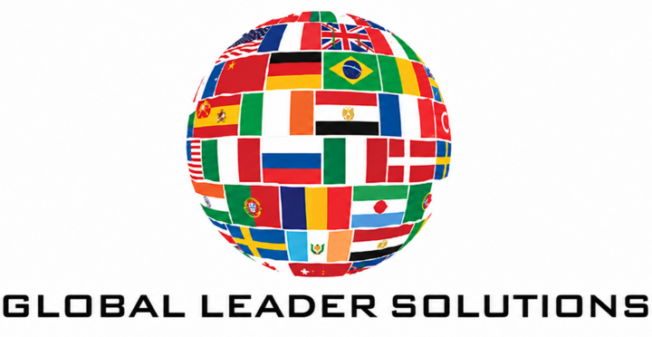 Globe made of various national flags above the text "Global Leader Solutions."