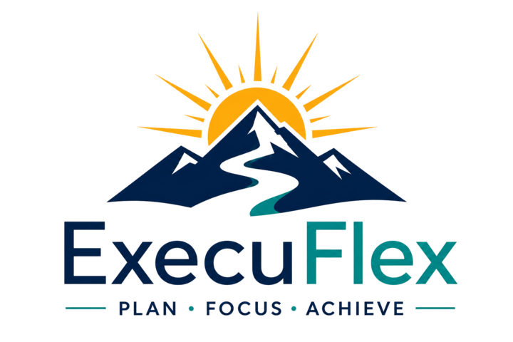 Mission Accomplished logo with a rising sun, "ExecuFlex" text below, and tagline "Plan • Focus • Achieve."
